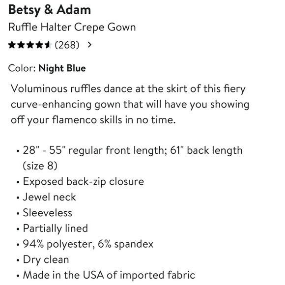 BETSY & ADAM A25720 NIGHT BLUE HALTER CREPE RUFFLE HIGH LOW COCKTAIL PARTY DRESS - Picture 3 of 15